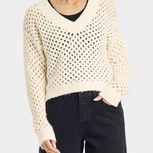 Cream V-Neck Open Knit Women's Sweater